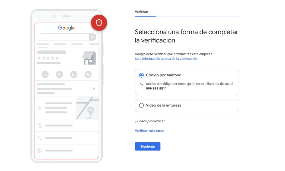 como hacer que mi empresa aparezca en google 10 Paso 10: Seleccionar método de verificación